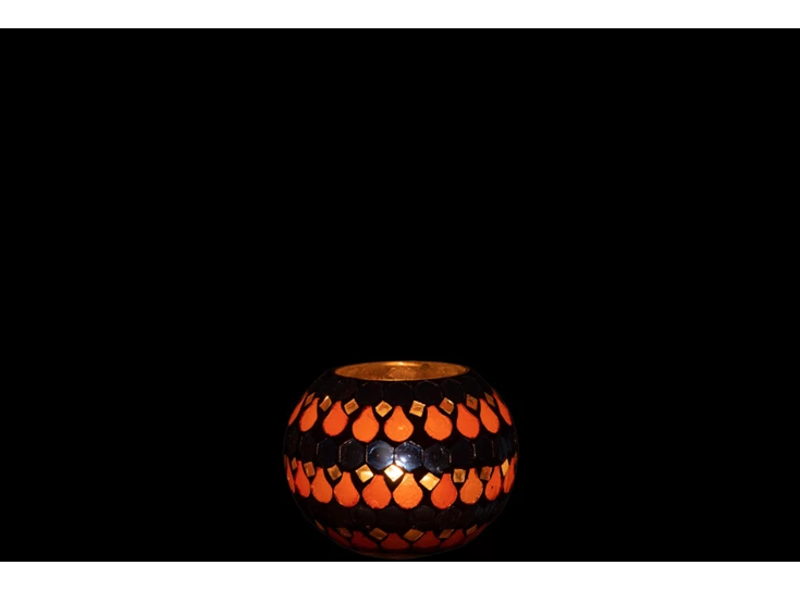 Theelichthouder- druppel mozaïek- glas- oranje/blauw- smal- met licht