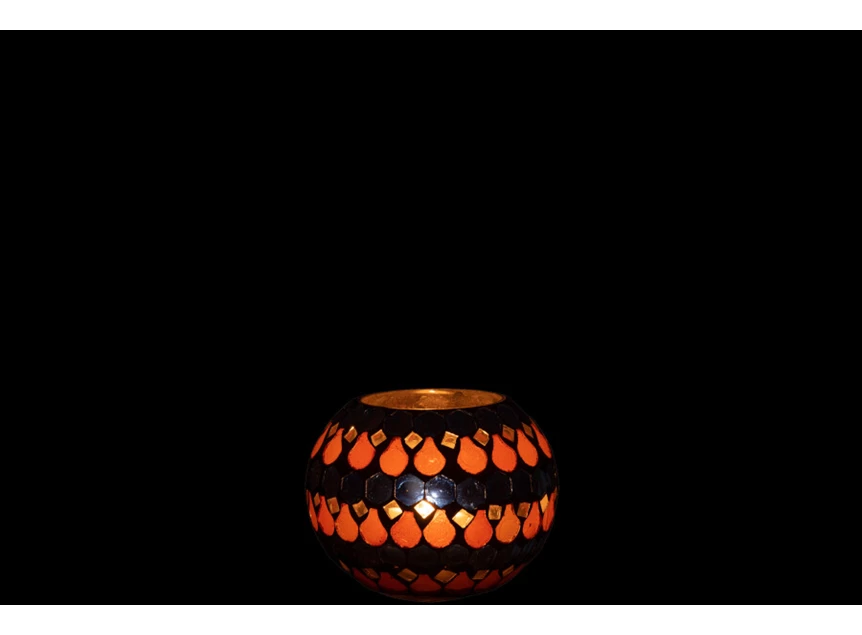 Theelichthouder- druppel mozaïek- glas- oranje/blauw- smal- met licht