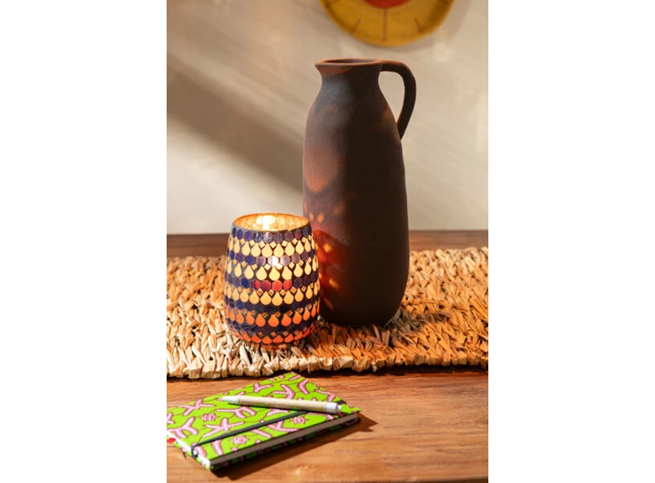 Windlicht- druppel mozaïek- glas- oranje/blauw- medium- sfeerbeeld