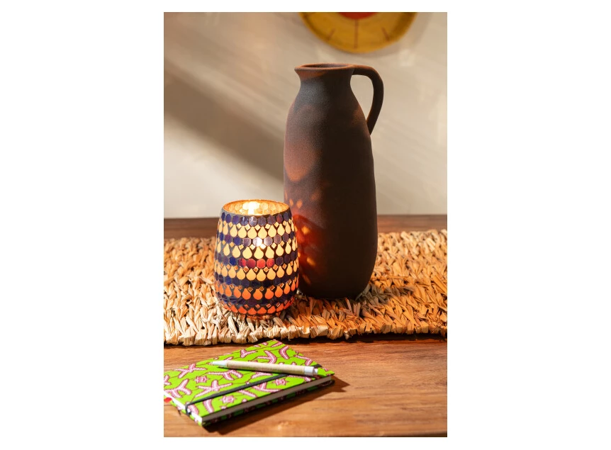 Windlicht- druppel mozaïek- glas- oranje/blauw- medium- sfeerbeeld