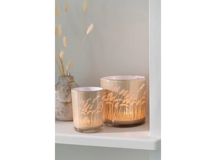 Windlicht pampas- glas- beige/wit- smal- sfeerbeeld