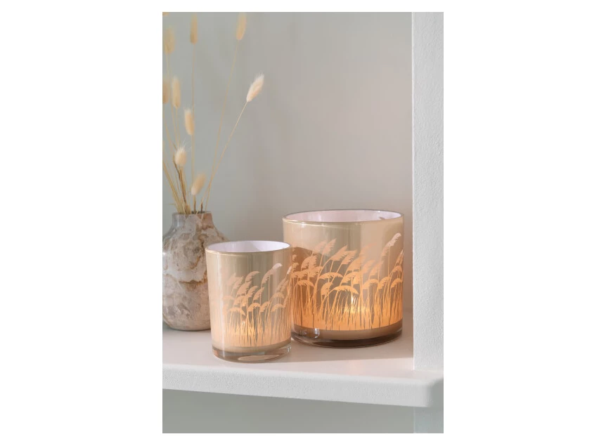 Windlicht pampas- glas- beige/wit- smal- sfeerbeeld