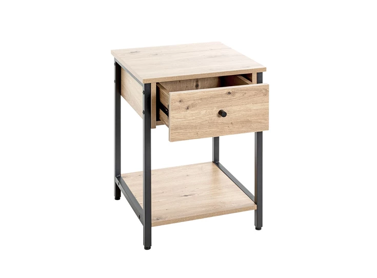 Nachttafel Burgos 2 zwart metalen onderstel imitatie eik 37480 schuin open