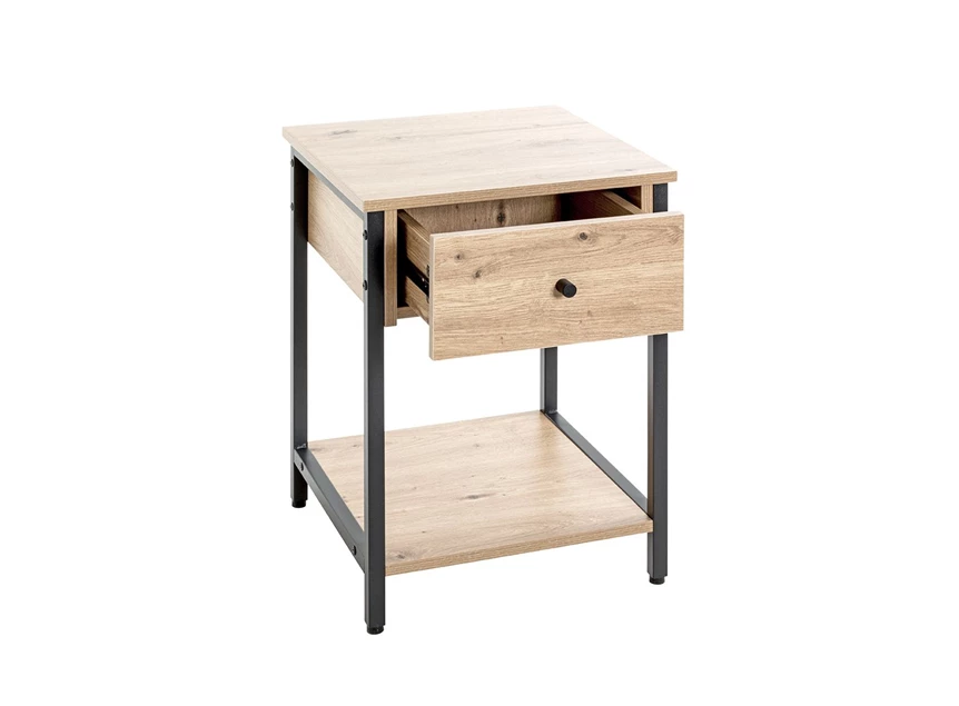 Nachttafel Burgos 2 zwart metalen onderstel imitatie eik 37480 schuin open