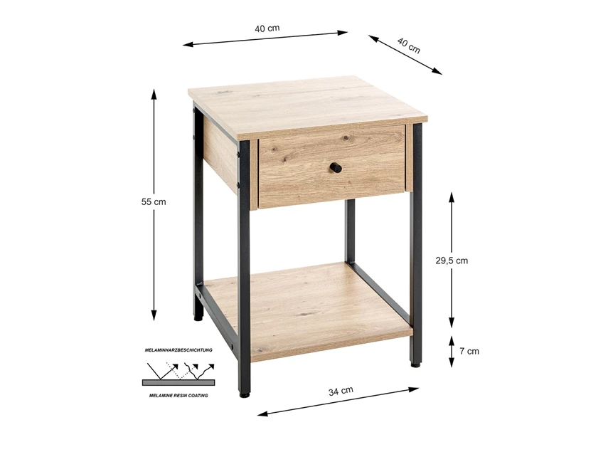Nachttafel Burgos 2 zwart metalen onderstel imitatie eik 37480 schuin dicht afmetingen