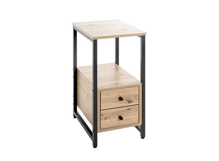 Nachttafel Burgos 1 zwart stalen frame imitatie eik 37479 twee laden schuin aanzicht