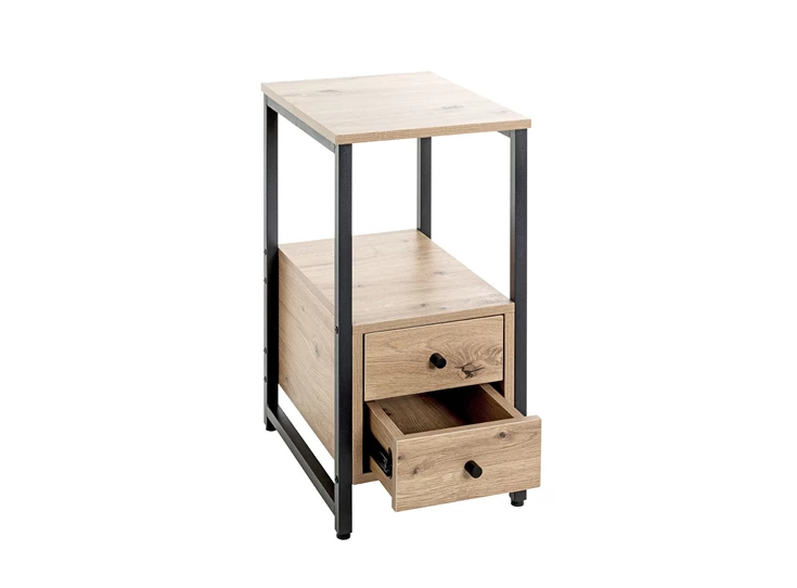 Nachttafel Burgos 1 zwart stalen frame imitatie eik 37479 twee laden schuin aanzicht lade open