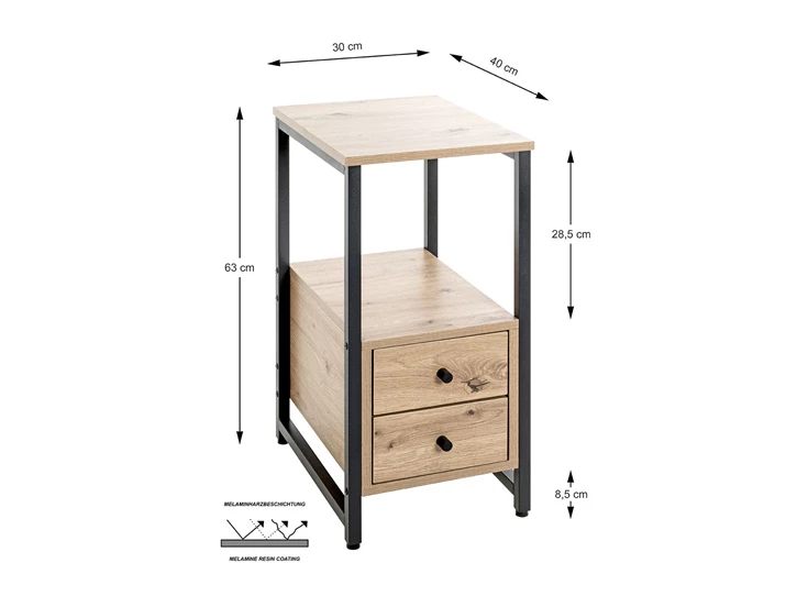 Nachttafel Burgos 1 zwart stalen frame imitatie eik 37479 twee laden schuin aanzicht afmetingen
