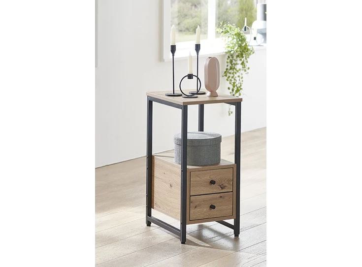 Nachttafel Burgos 1 zwart stalen frame imitatie eik 37479 twee laden schuin aanzicht sfeerbeeld