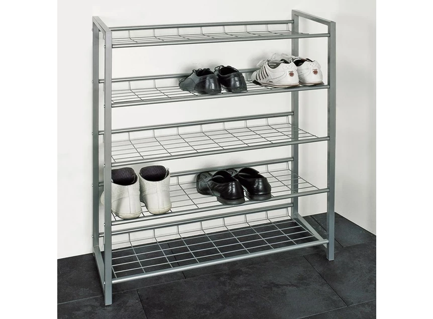Schoenenrek Jupp aluminium 38728 schuin aanzicht met schoenen sfeerbeeld