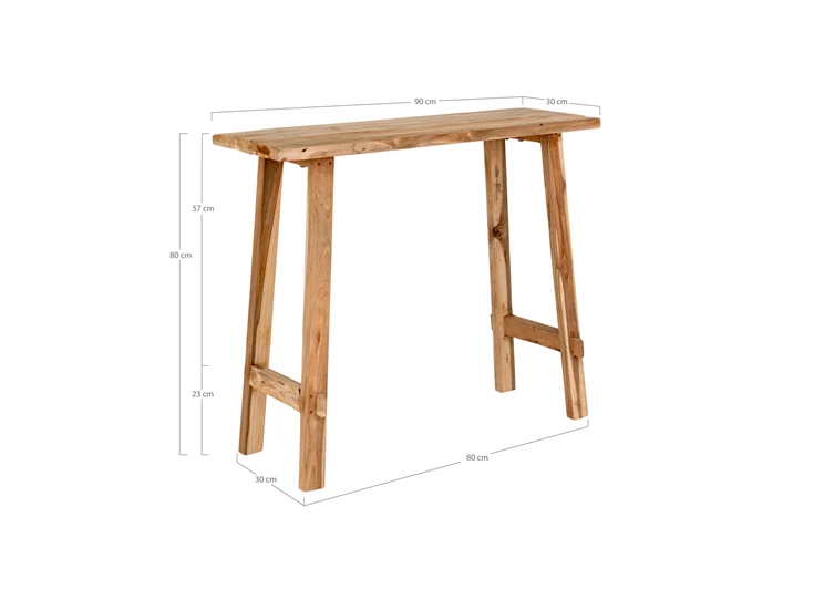 Console Girona teak 90x40x80cm naturel 2301090 schuin vooraanzicht afmetingen