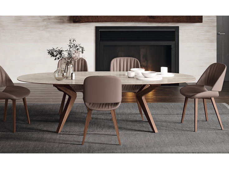 Sfeerfoto Tafel Capri ovaal dekton keramiek beige zand Willisau Edition