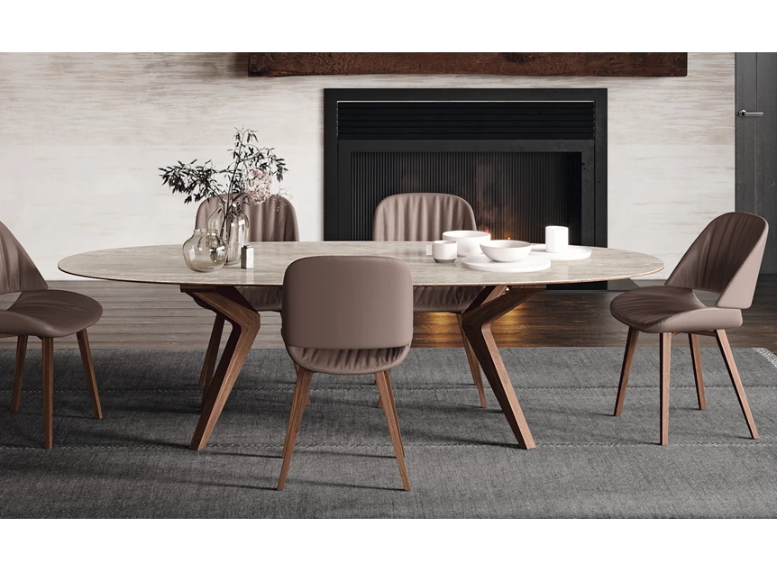 Sfeerfoto Tafel Capri ovaal dekton keramiek beige zand Willisau Edition