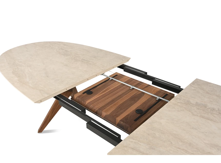 Detail systeem Tafel Capri ovaal verlengbaar dekton keramiek zand Willisau Edition