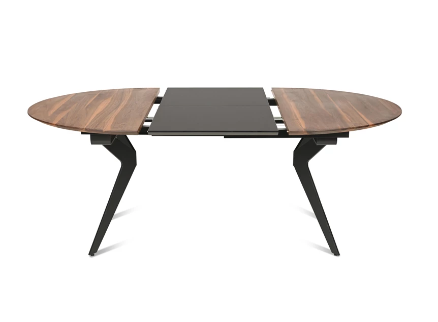 Systeem Tafel Capri rond verlengbaar massief hout Amerikaans noten Willisau Edition