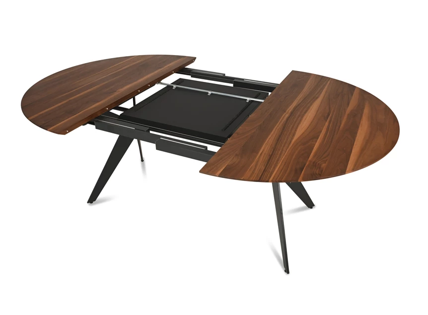 Bovenkant open Tafel Capri rond verlengbaar massief hout Amerikaans noten Willisau Edition