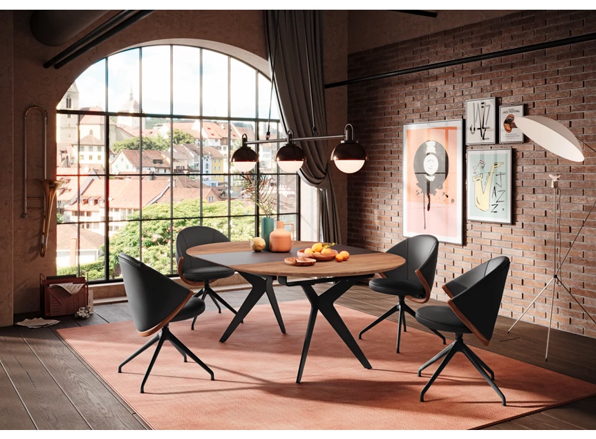 Front Tafel Capri rond verlengbaar massief hout Amerikaans noten Willisau Edition