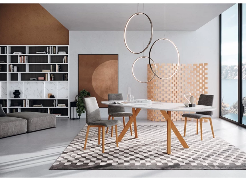 Sfeerfoto Tafel Torino ovaal dekton marmerlook houten poot Willisau