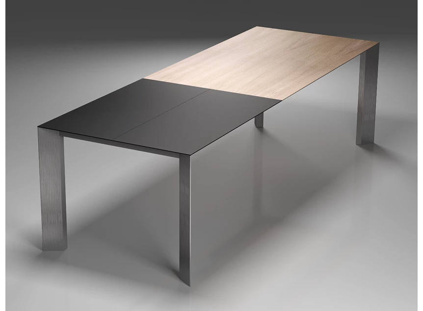 Front Verlengbare tafel Palo massief hout eik natuur verlengstuk fenix zwart poot inox Willisau
