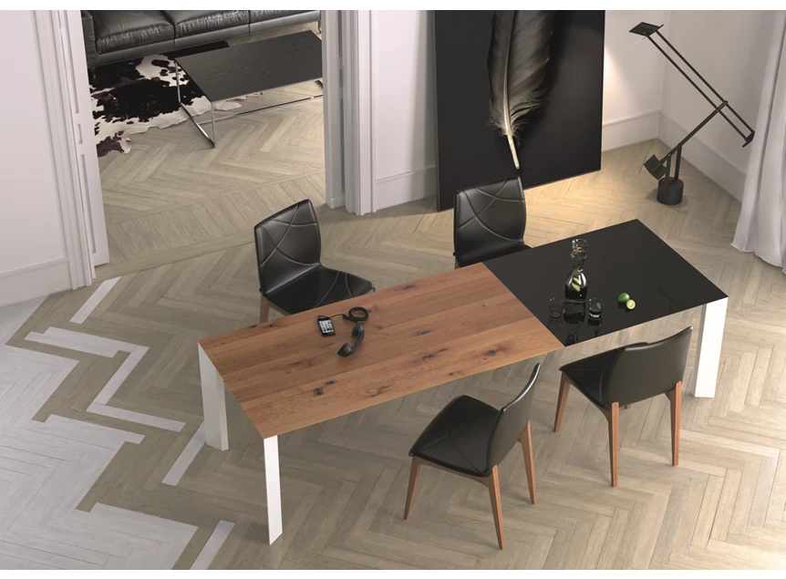 Verlengbare tafel Palo massief hout eik natuur verlengstuk fenix zwart poot wit Willisau