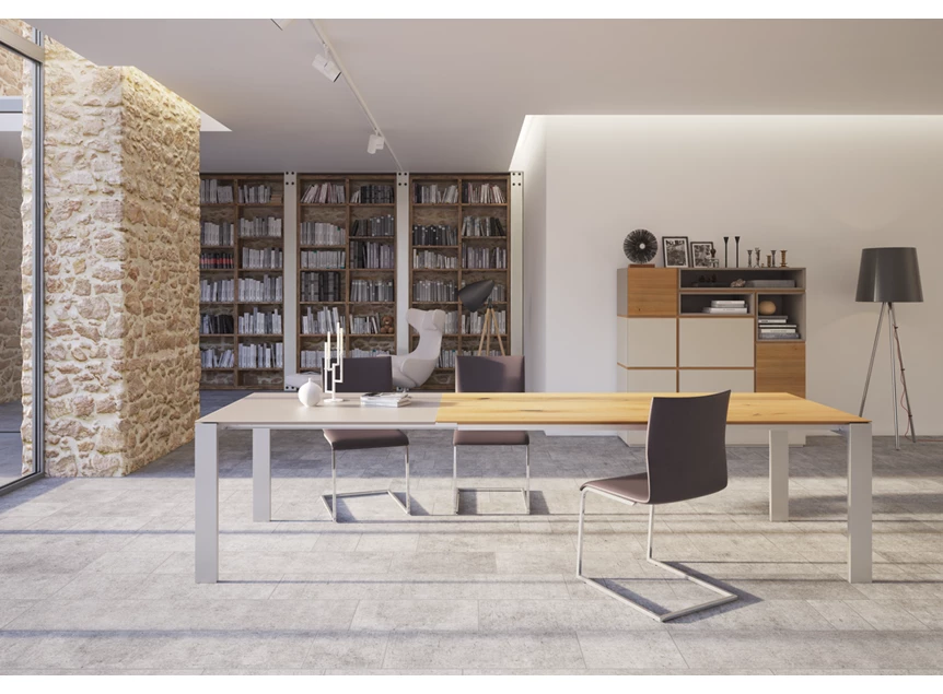 Sfeerfoto Verlengbare tafel Maleo massief hout natuur eik poot inox Willisau