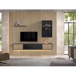 Montreal woonprogramma theuns decoratieve haard hout zwart metaal glas woonwand