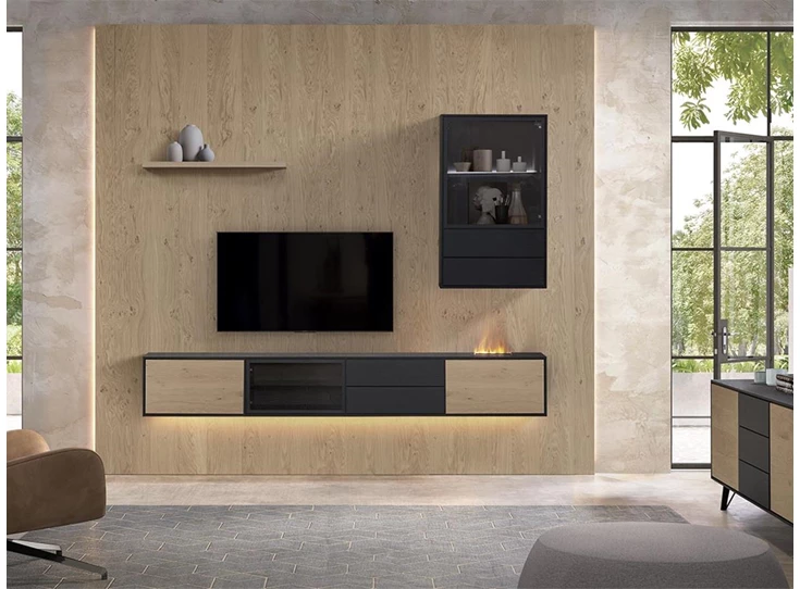 Montreal woonprogramma theuns decoratieve haard hout zwart metaal glas woonwand