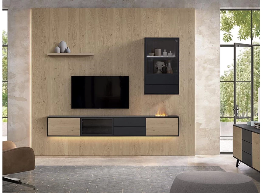 Montreal woonprogramma theuns decoratieve haard hout zwart metaal glas woonwand