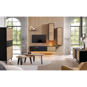 Woonkamer Montreal woonwand bergkast dressoir salontafel hangkast theuns eigentijds industrieel wonen hout metaal glas