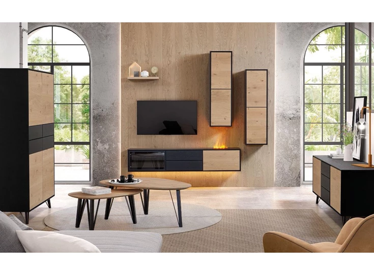 Woonkamer Montreal woonwand bergkast dressoir salontafel hangkast theuns eigentijds industrieel wonen hout metaal glas