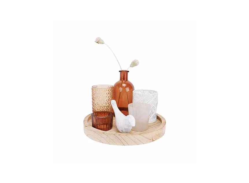 Houten schaal met potjes set/7 wit/roest 330620