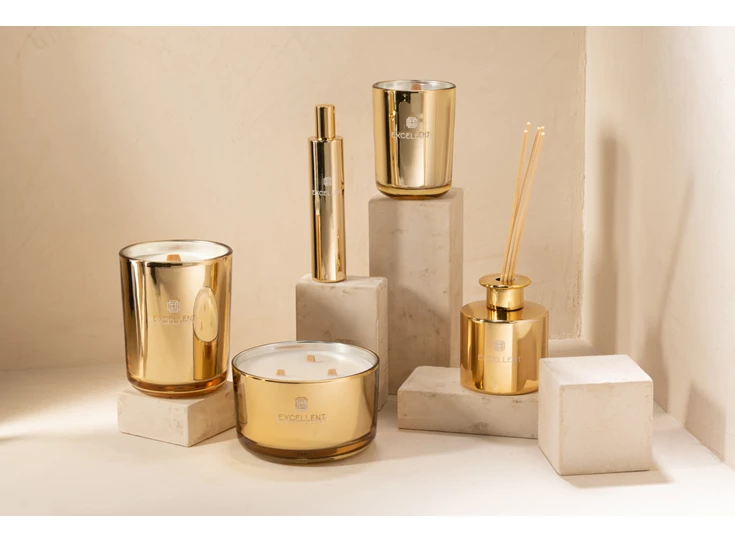 Geurolie+stokjes- excellent golden honey- goud- 150ml- Ø9.5x27cm- sfeerbeeld