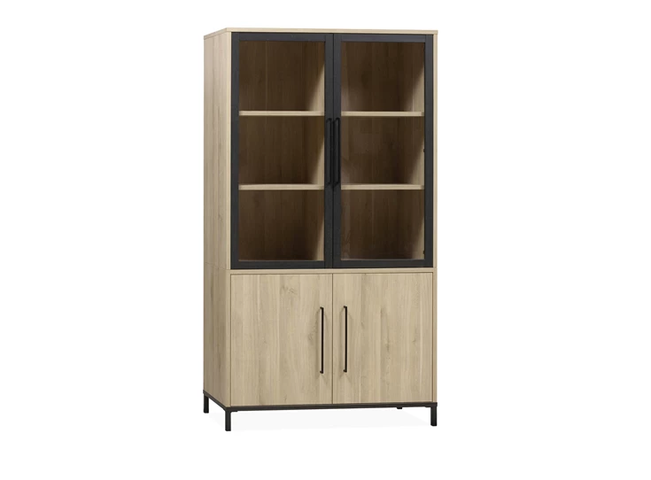 5164 bridge piano 2 glasdeuren 2 deuren lamulux fresh oak old zwart metaal maxfurn vitrinekast