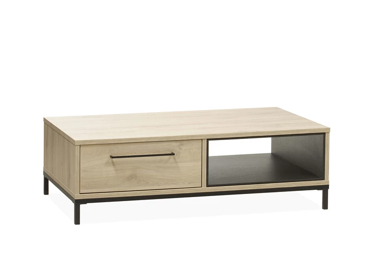 5164 maxfurn salontafel 1 lade 1 open vak lamulux fresh oak old bridge piano zwart metaal