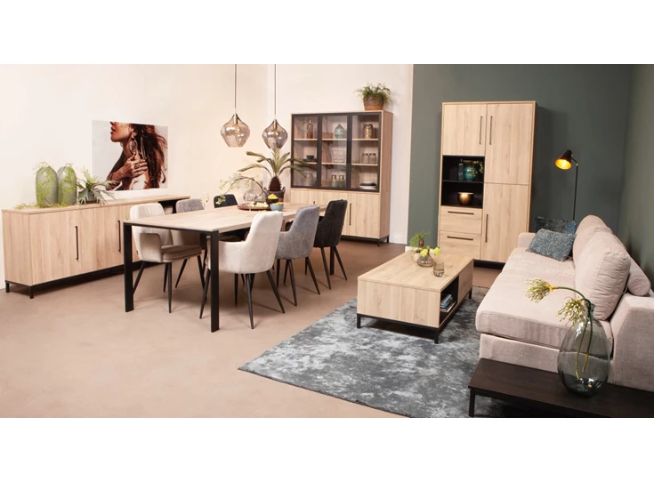 5164 190x90cm maxfurn eettafel lamulux fresh oak old bridge piano zwart metaal