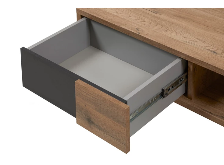 Phenix salontafel bauwens eetkamer industrieel lade open vak scarlet oak budget zwarte accenten