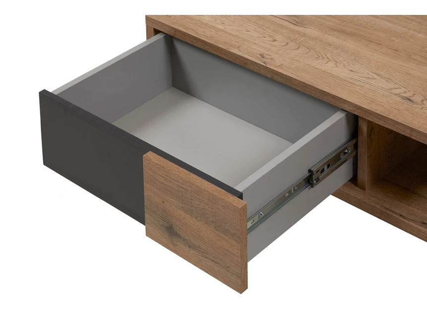 Phenix salontafel bauwens eetkamer industrieel lade open vak scarlet oak budget zwarte accenten