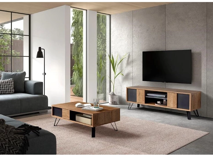 Phenix salontafel scarlet oak budget zwarte accenten bauwens eetkamer industrieel lade open vak