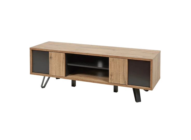 Phenix televisiemeubel 2 deuren open vakken zwart metaal scarlet oak bauwens eetkamer budget