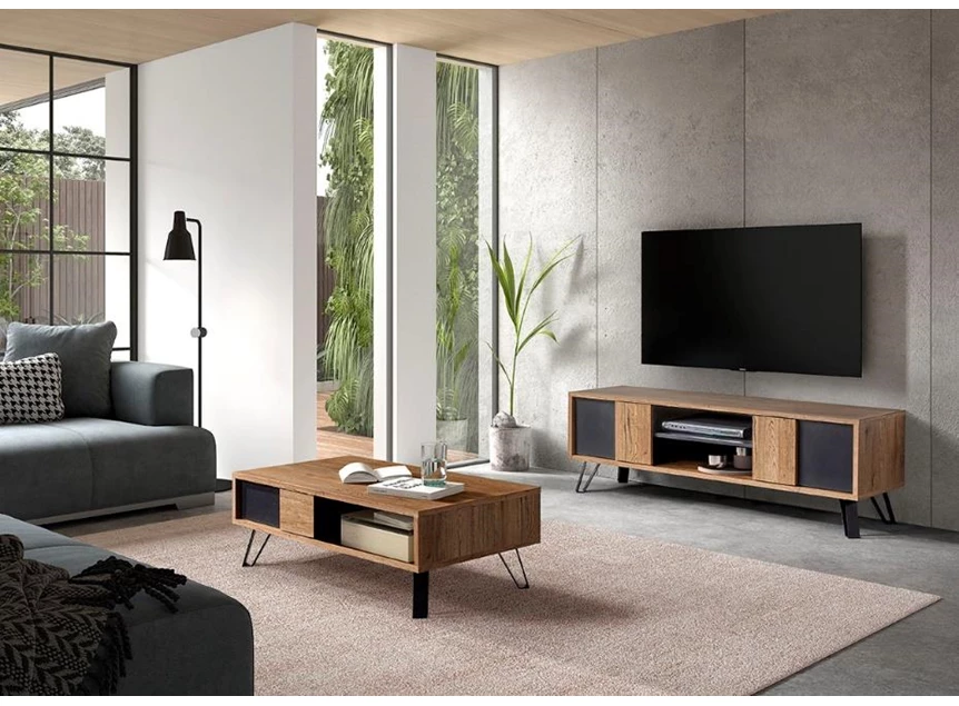 Phenix televisiemeubel bauwens eetkamer budget 2 deuren open vakken zwart metaal scarlet oak