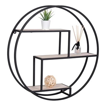 Round shelf, natural wood shelves, black frame Ø62x14 cm- met deco