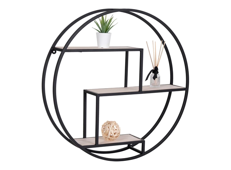 Round shelf, natural wood shelves, black frame Ø62x14 cm- met deco