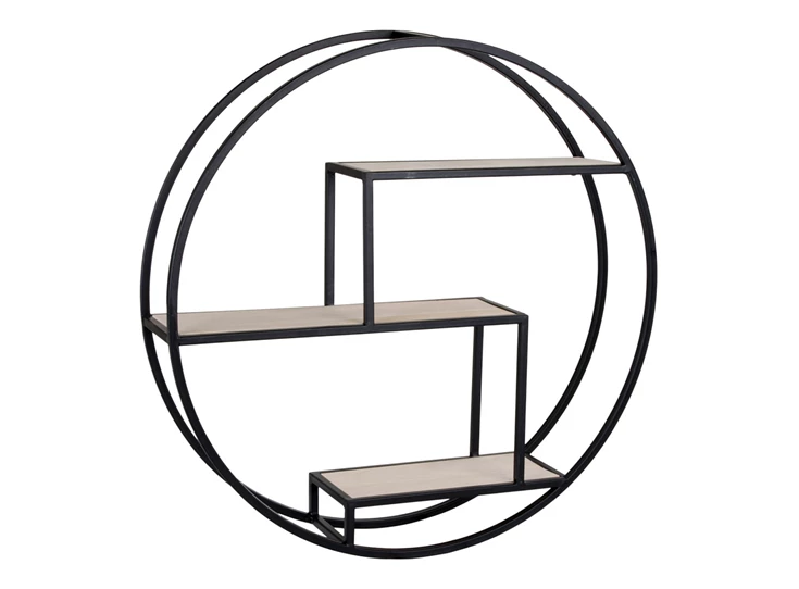 Round shelf, natural wood shelves, black frame Ø62x14 cm