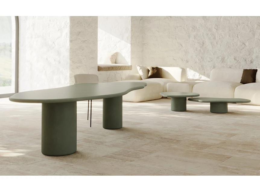 Zijkant Sfeerfoto Tafel Laini organisch mortex olive Muundo by PR Living