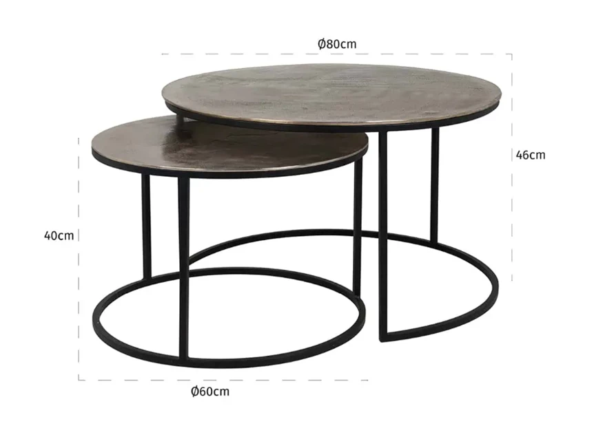 Afmetingen Salontafelset Asher rond champagne gold 825026 Richmond Interiors