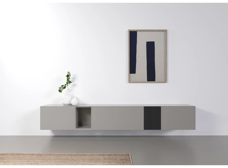 Sfeerfoto Tv-kast Capri Riva 956 matte lak lichtgrijs eik zwart hout Coesel