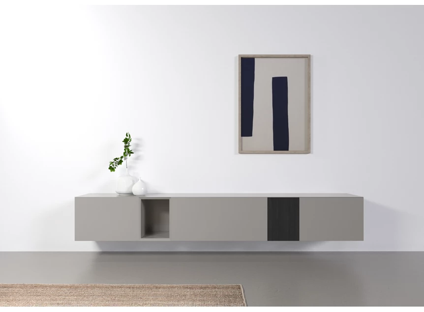 Sfeerfoto Tv-kast Capri Riva 956 matte lak lichtgrijs eik zwart hout Coesel