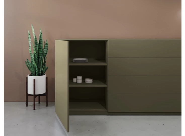 Binnenkant Dressoir Cobra Select opstelling 1677 matte lak olijfgroen Coesel