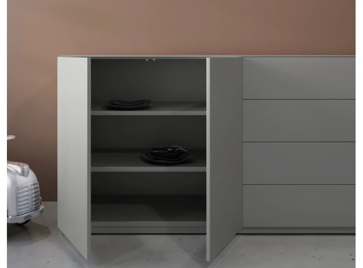 Binnenkant Dressoir Cobra Select opstelling 1243 matte lak grijs Coesel