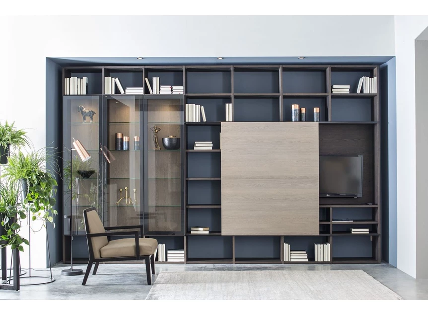 Wandkast Fokus opstelling 22 schuifdeur matte lak met hout Sudbrock